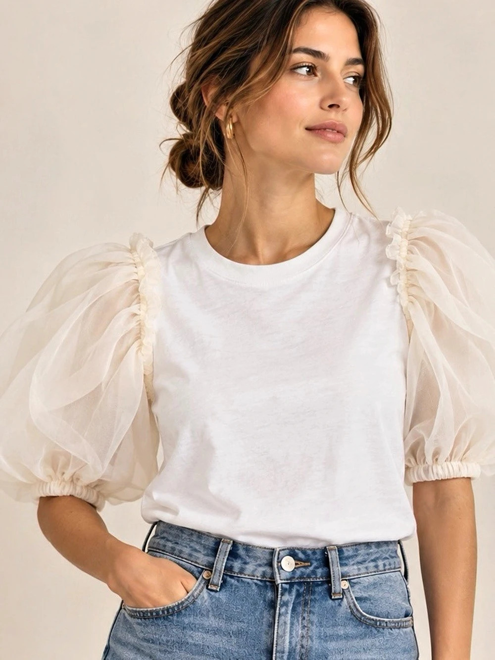 Sea New York White Silk Organza Puff Sleeve Cotton Tee Top XS